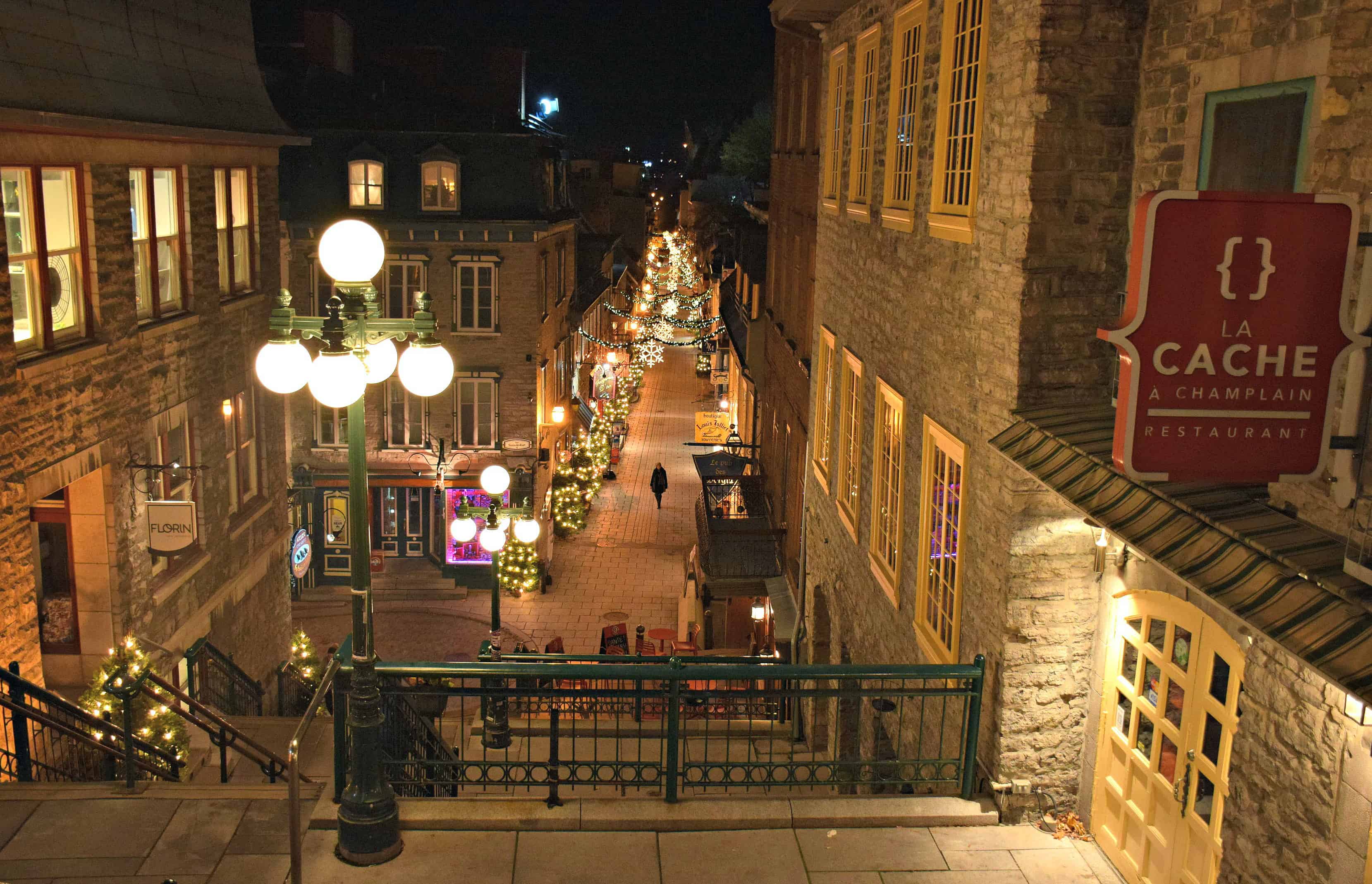 Rue Petit Champlain in Quebec City, a great place for restaurants serving traditional Quebec food