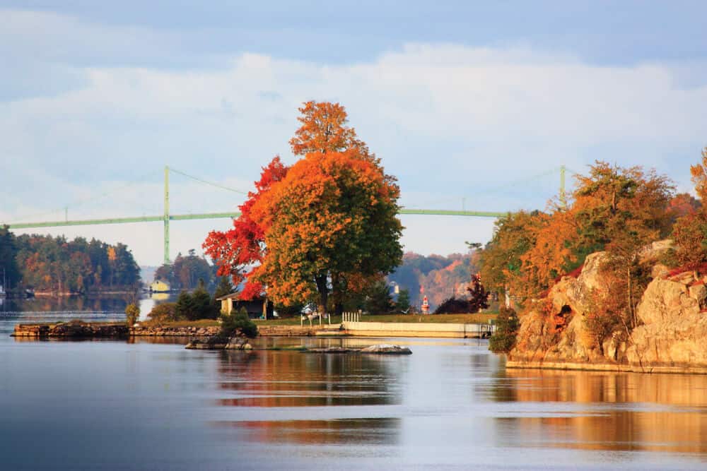 Thousand Islands Bridge from Ontario Canada, with fall colors in the trees