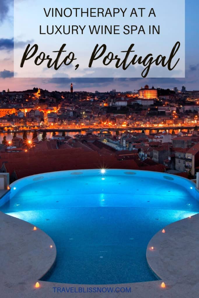 Decanter-shaped swimming pool at the Yeatman Wine Hotel and Spa, with a view of Porto, Portugal at night