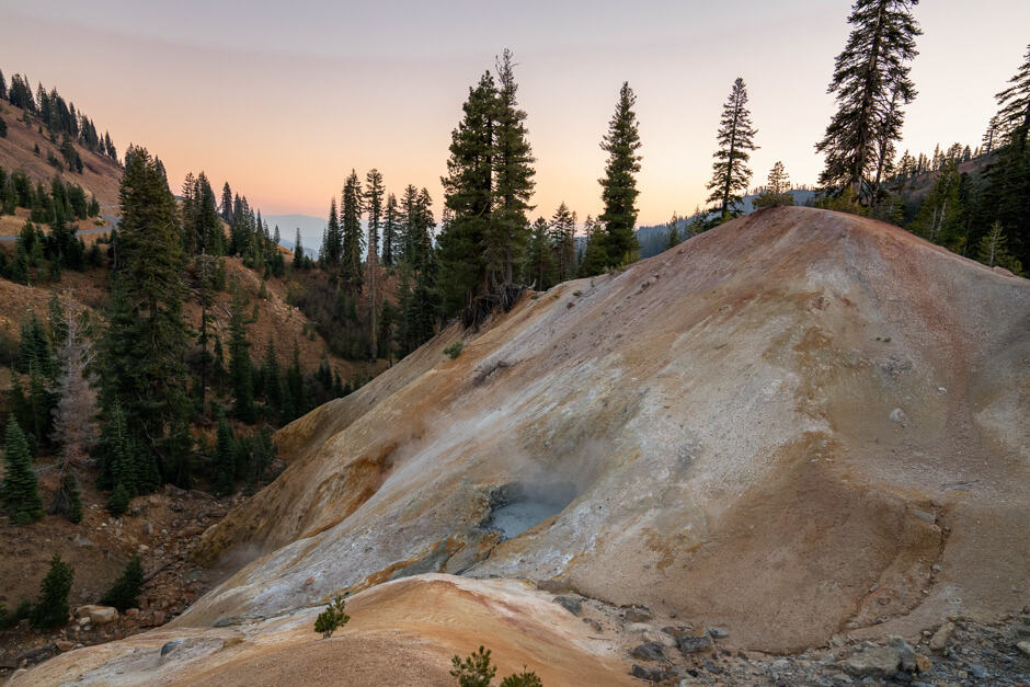 Volcanic rock and evergreen trees at Lassen Volcanic National Park in California USA