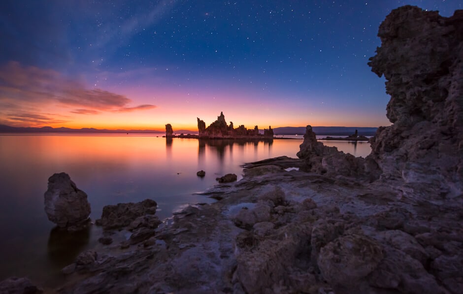 Rock formations at sunset at Mono Lake, an amazing natural wonder in California