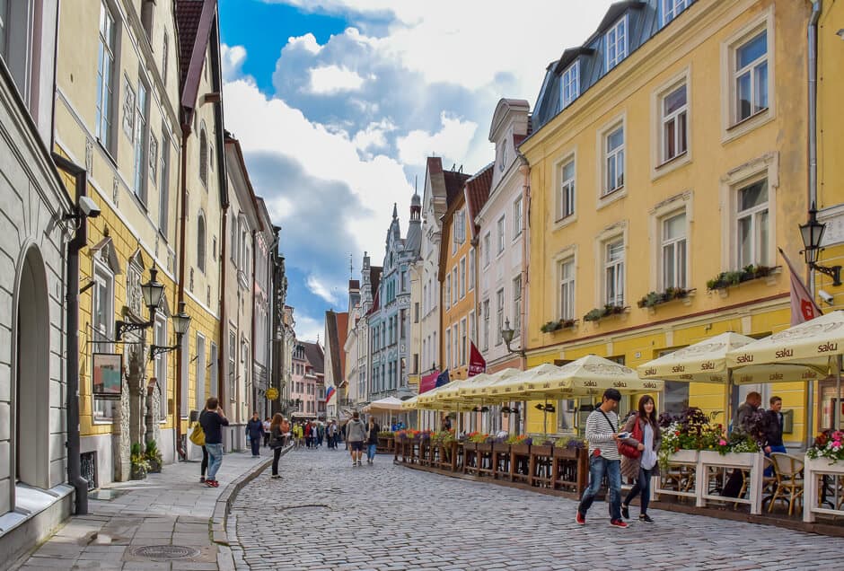 Colorful cobblestone street in Tallinn, Estonia