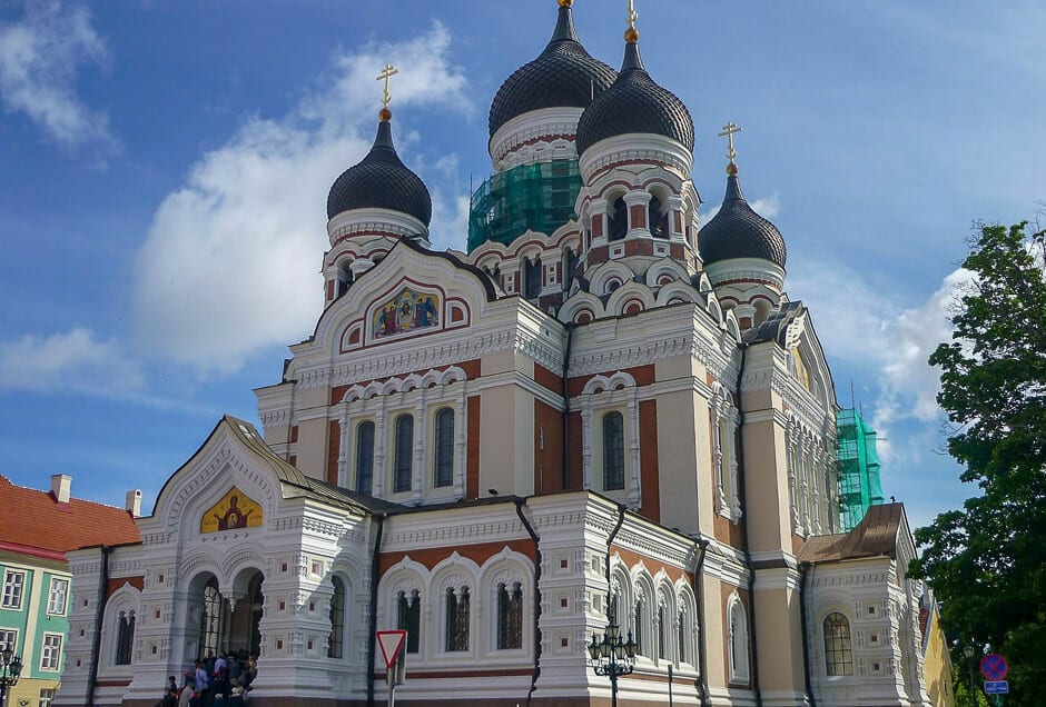 Alexander Nevsky Cathedral from the outside, with a blue sky behind it