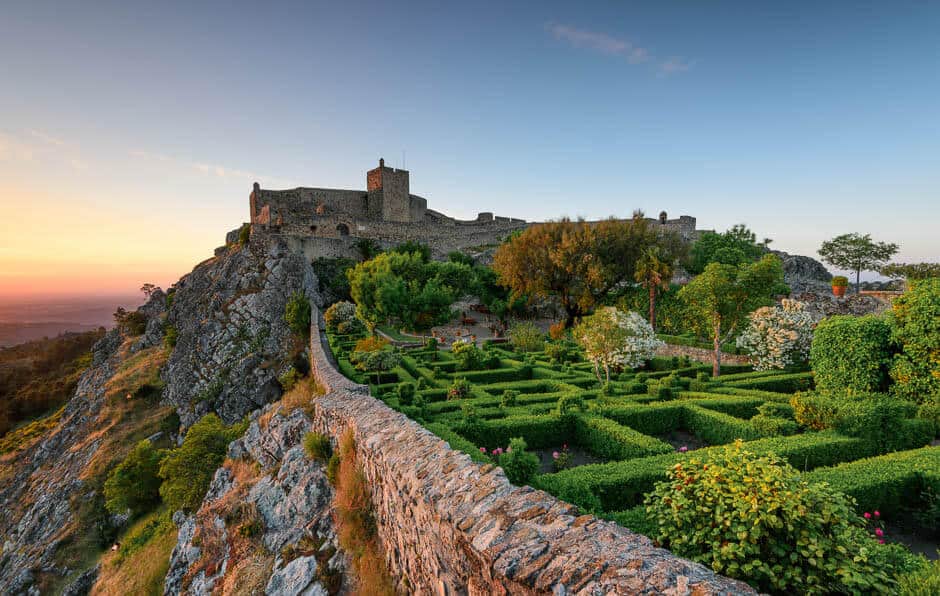 Elaborate garden leading to a hilltop castle in Marvao, Portugal