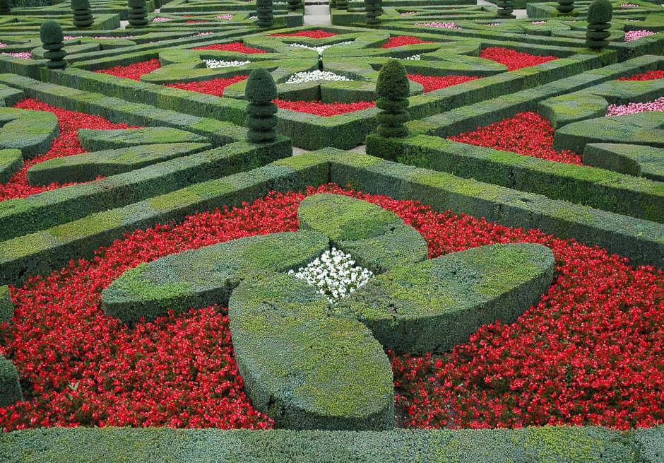 Geometric gardens with hedges and red flowers