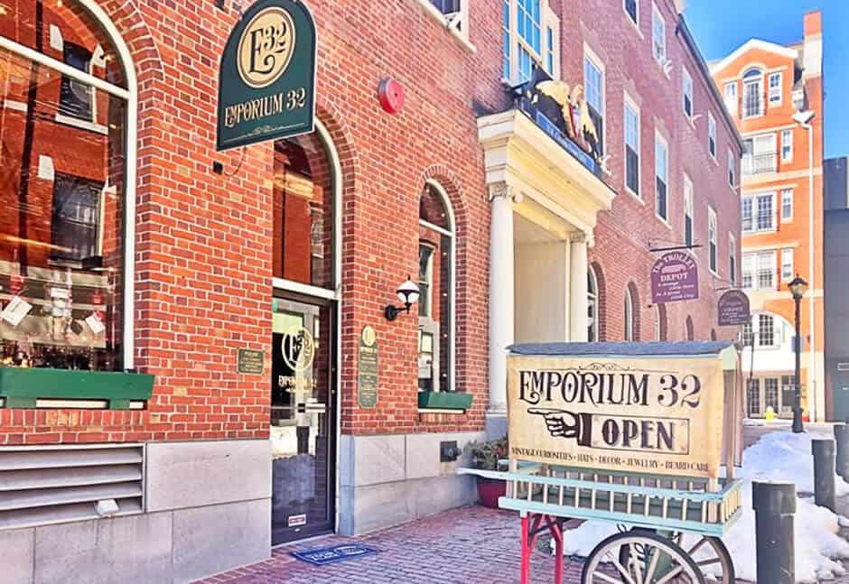 Shops in brick buildings in U.S. fall destination, Salem, Massachusetts