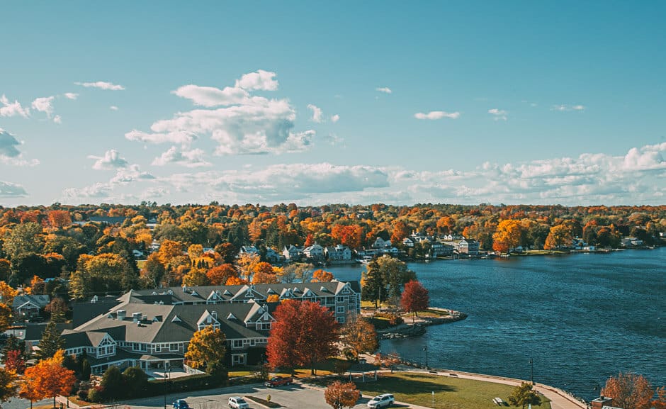 Vibrant fall foliage in and around the lakeside Door County in Wisconsin