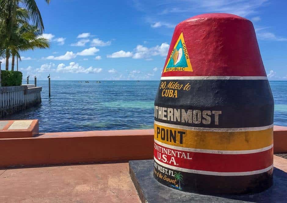 A coloured cement signpost in Key West, Florida indicates it is the southernmost point of the continental USA