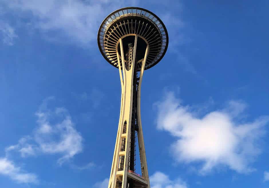 Iconic Seattle landmark, the Seattle Space Needle, seen from far below