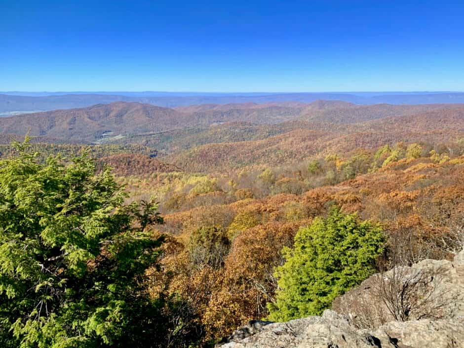 Elevated view over hills covered in fall foliage in Shenandoah National Park