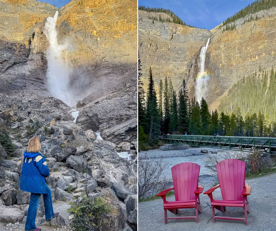 Two photos of a very high mountain waterfall. One has a woman standing in front. The other has two red chairs in the foreground.